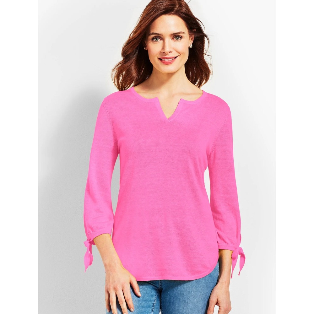 Talbots Hamptons 100% Linen Sweater Women 2X Pink Split Neck Tie Sleeve Knit Top